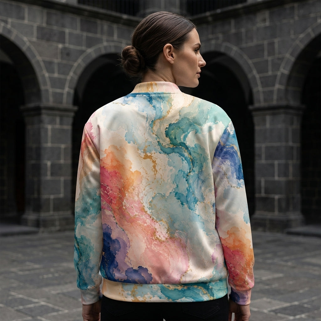 Woman wearing the Ethereal Drift all-over print bomber jacket