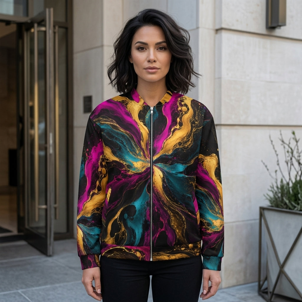 Woman wearing the Chromatic Vortex bomber jacket, magenta and turquoise print