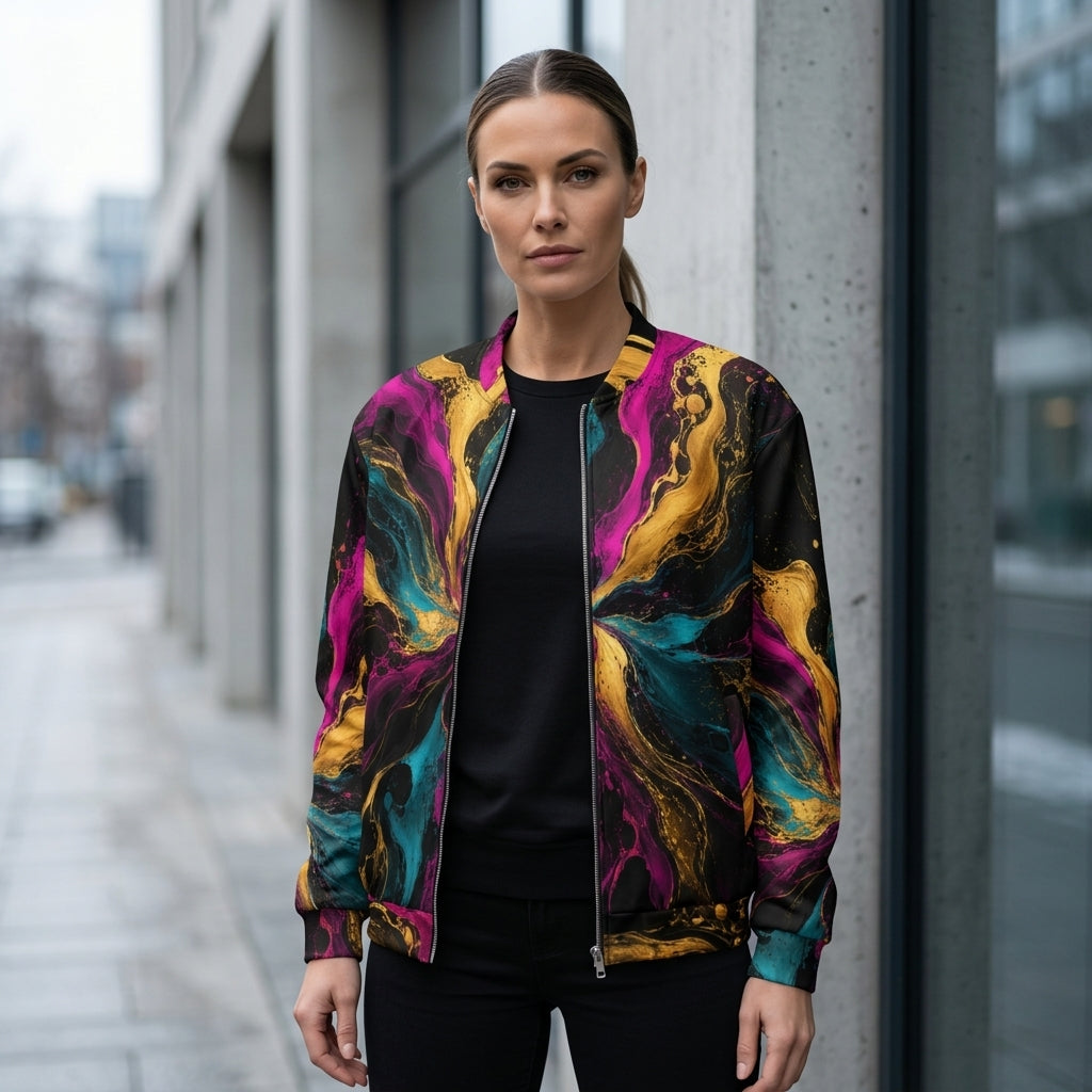 Woman wearing the Chromatic Vortex bomber jacket, magenta and turquoise print