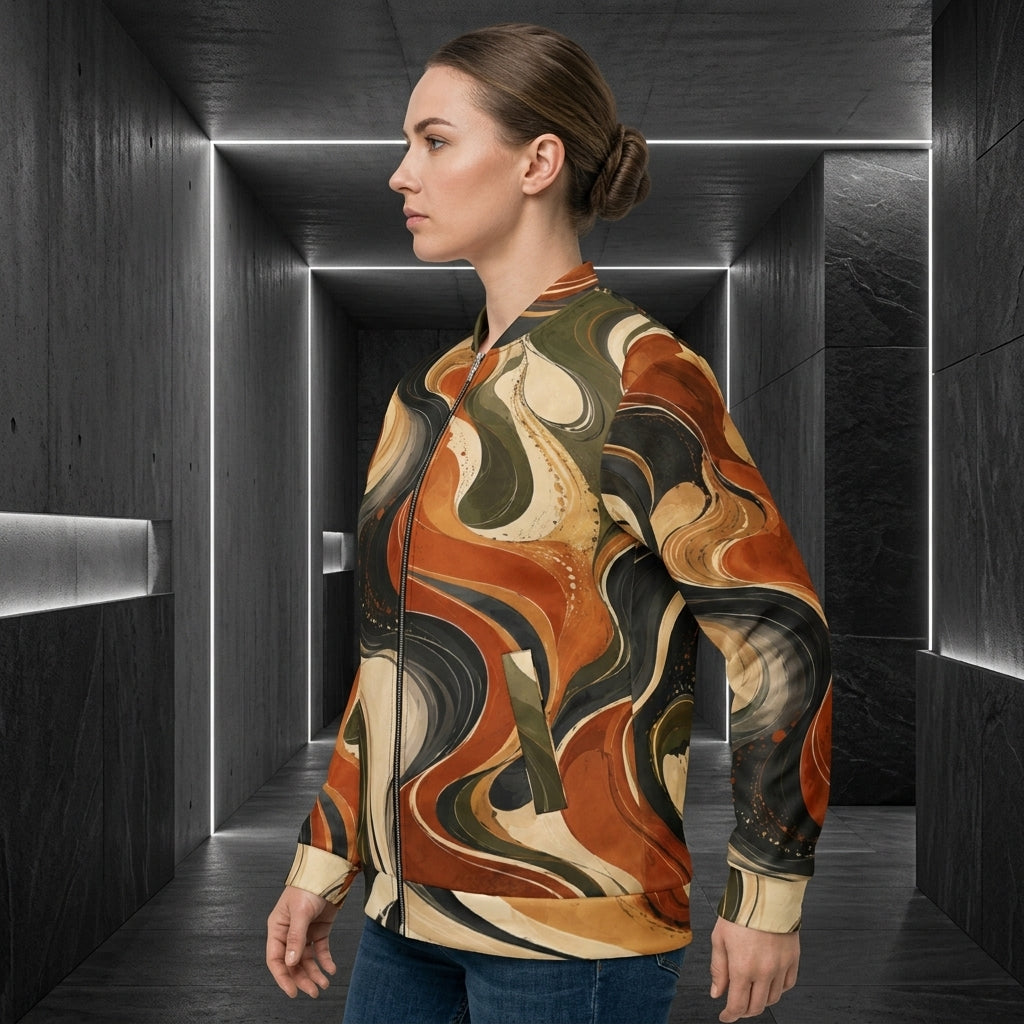 Woman wearing the Terra Flux bomber jacket – burnt orange, olive and cream swirl print