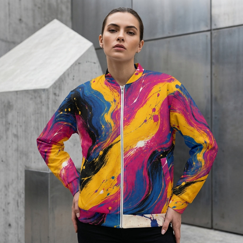 Woman wearing the Chromatic Rush bomber jacket – yellow, electric blue and magenta marble print
