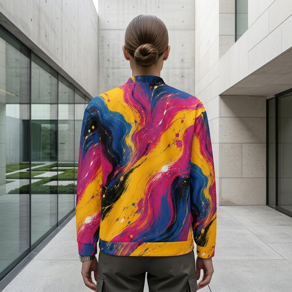 Woman wearing the Chromatic Rush bomber jacket, yellow, blue and magenta print