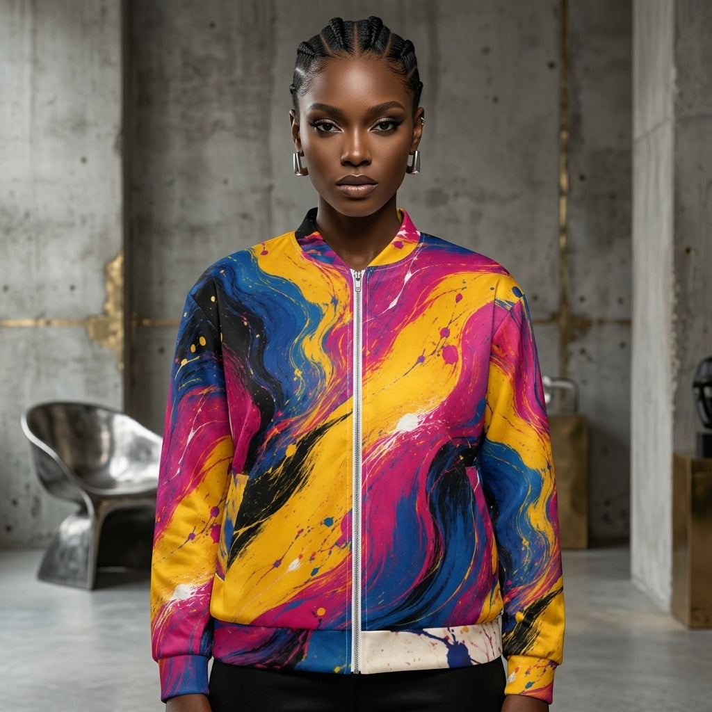 Woman wearing the Chromatic Rush bomber jacket – yellow, electric blue and magenta marble print