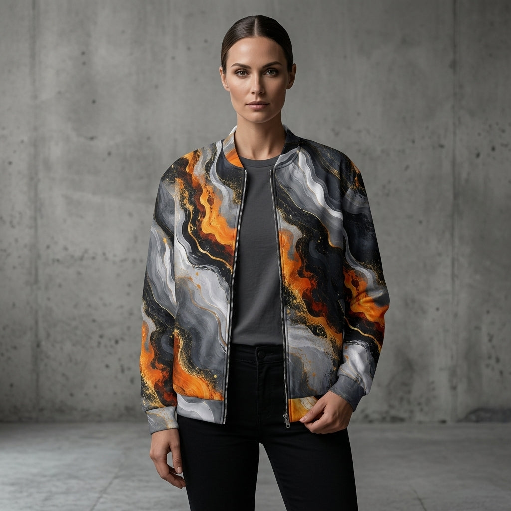 Woman wearing the Molten Obsidian bomber jacket – charcoal, silver and fiery orange abstract print