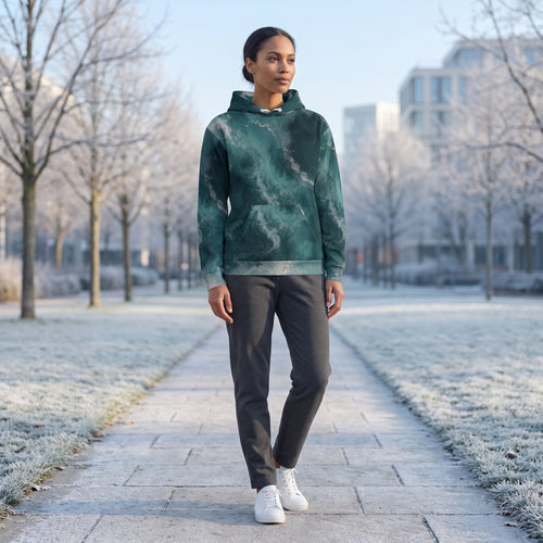 Woman wearing the Abyssal Current teal and turquoise marble hoodie