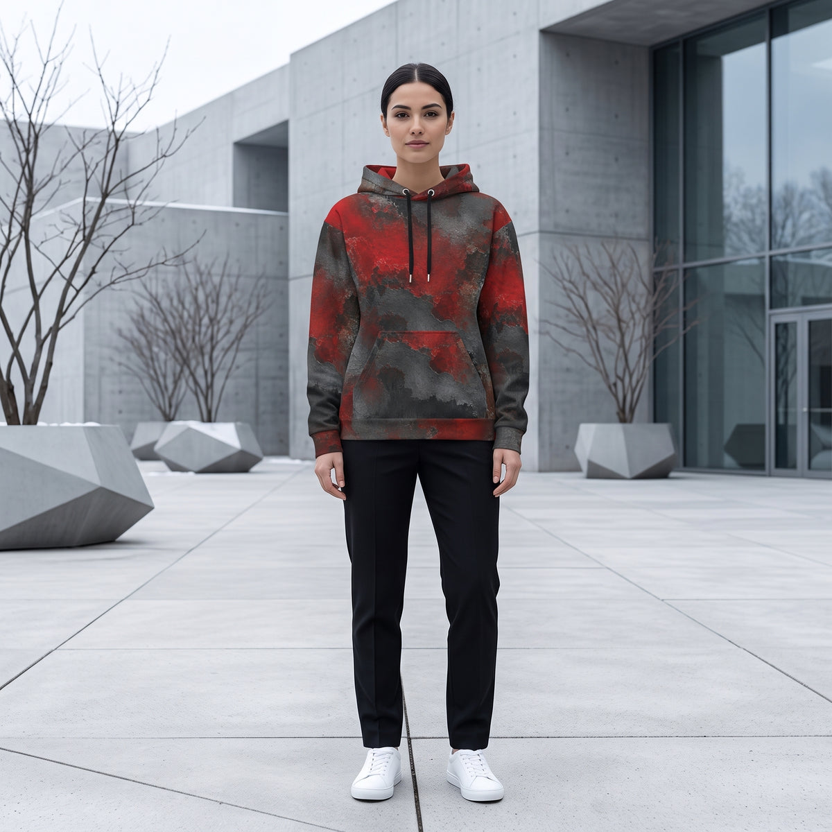 Woman wearing the Red & Black Abstract all-over print hoodie