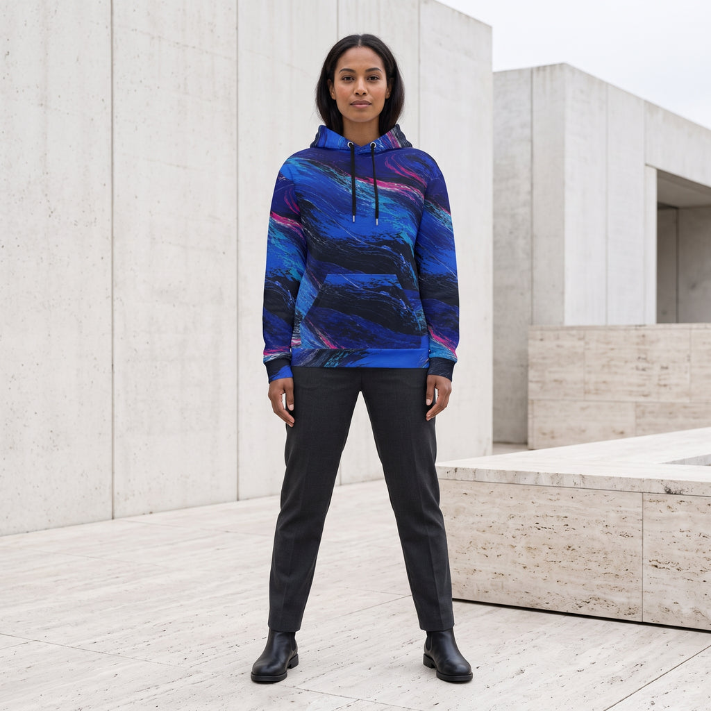 Woman wearing the Cobalt Afterglow all-over print hoodie