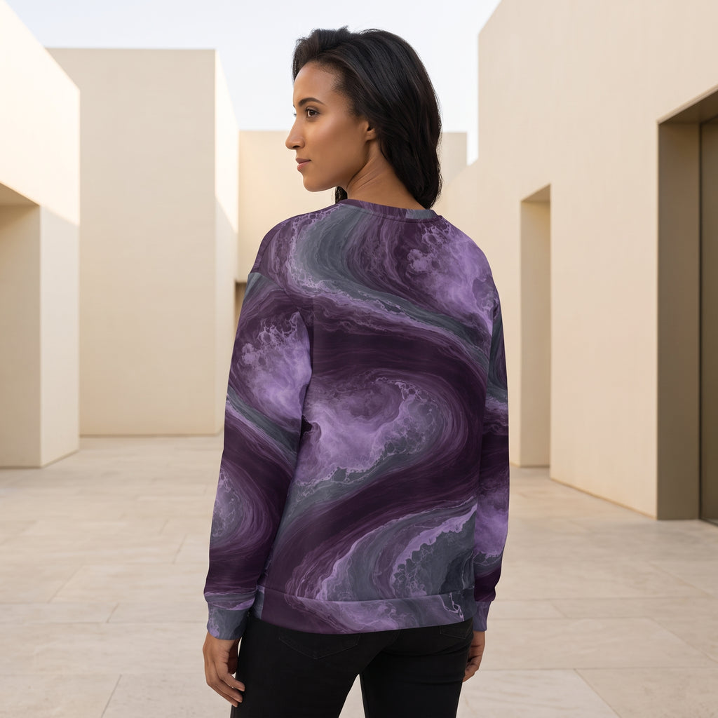 Woman wearing the Amethyst Vortex sweatshirt, amethyst purple print