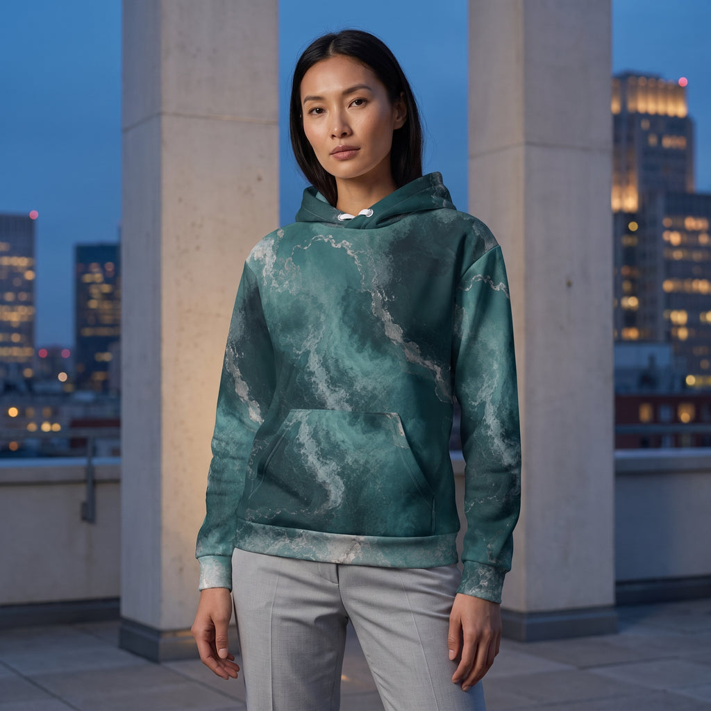 Woman wearing the Abyssal Current all-over print hoodie