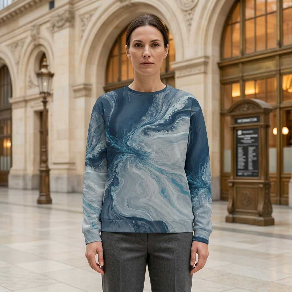 Woman wearing the Tidal Convergence sweatshirt, navy and turquoise print