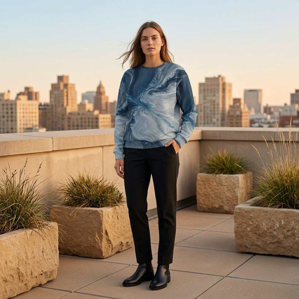 Woman wearing the Tidal Convergence sweatshirt – navy, slate grey and turquoise ocean marble print
