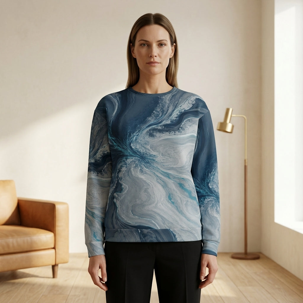 Woman wearing the Tidal Convergence all-over print sweatshirt