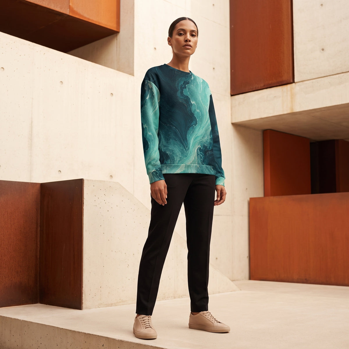 A model stands on concrete steps in a modern architectural setting, wearing a long-sleeve crewneck sweatshirt with a teal and dark blue marbled pattern, black pants, and beige sneakers.