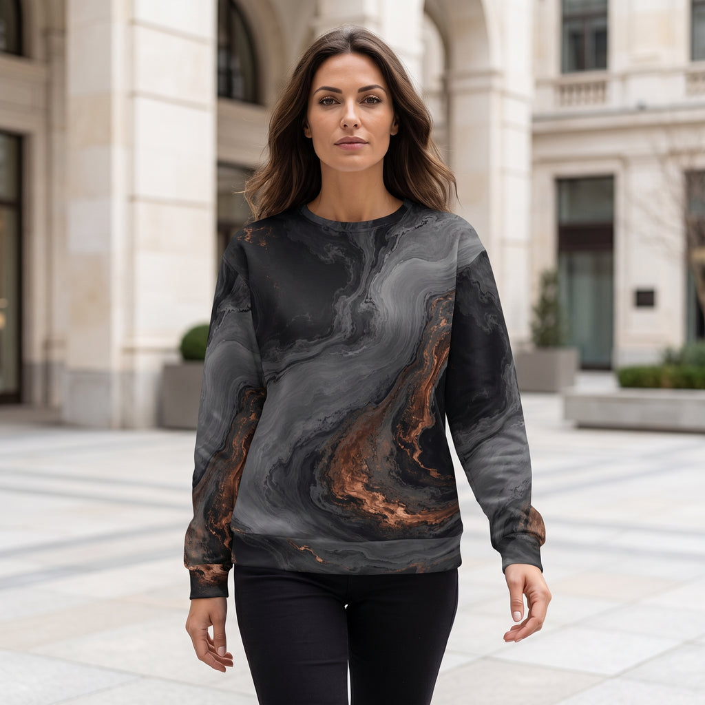 Woman wearing the Molten Obsidian sweatshirt – charcoal black and copper marble print