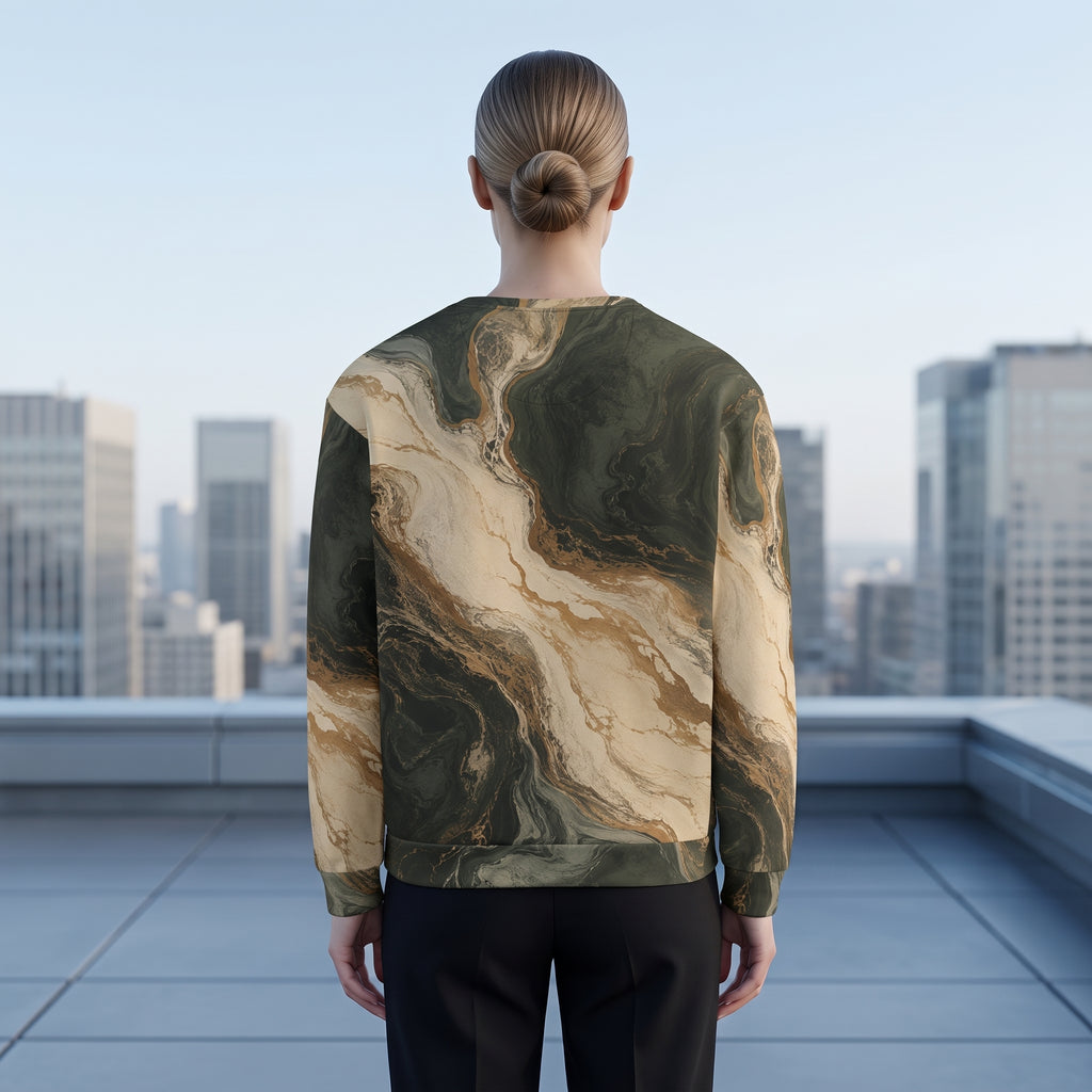Woman wearing the Verdant Strata sweatshirt, forest green print