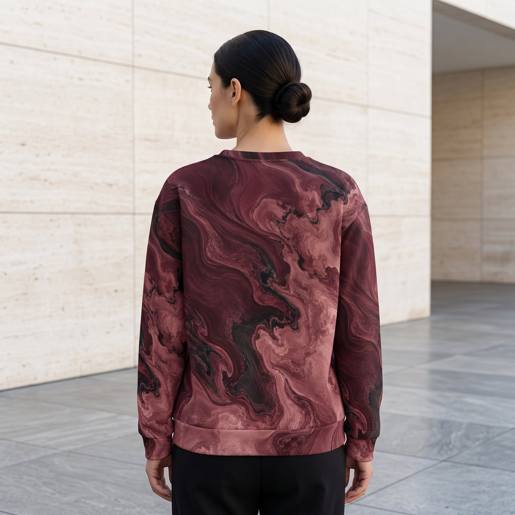 Woman wearing the Burgundy Eclipse sweatshirt – burgundy, rose and black marble print