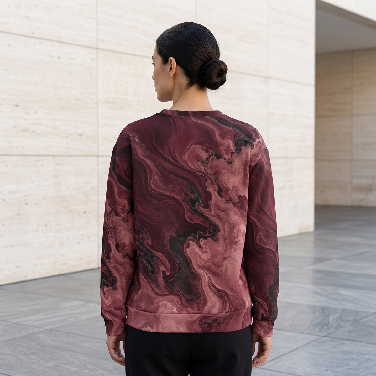 Woman wearing the Burgundy Eclipse sweatshirt – burgundy, rose and black marble print