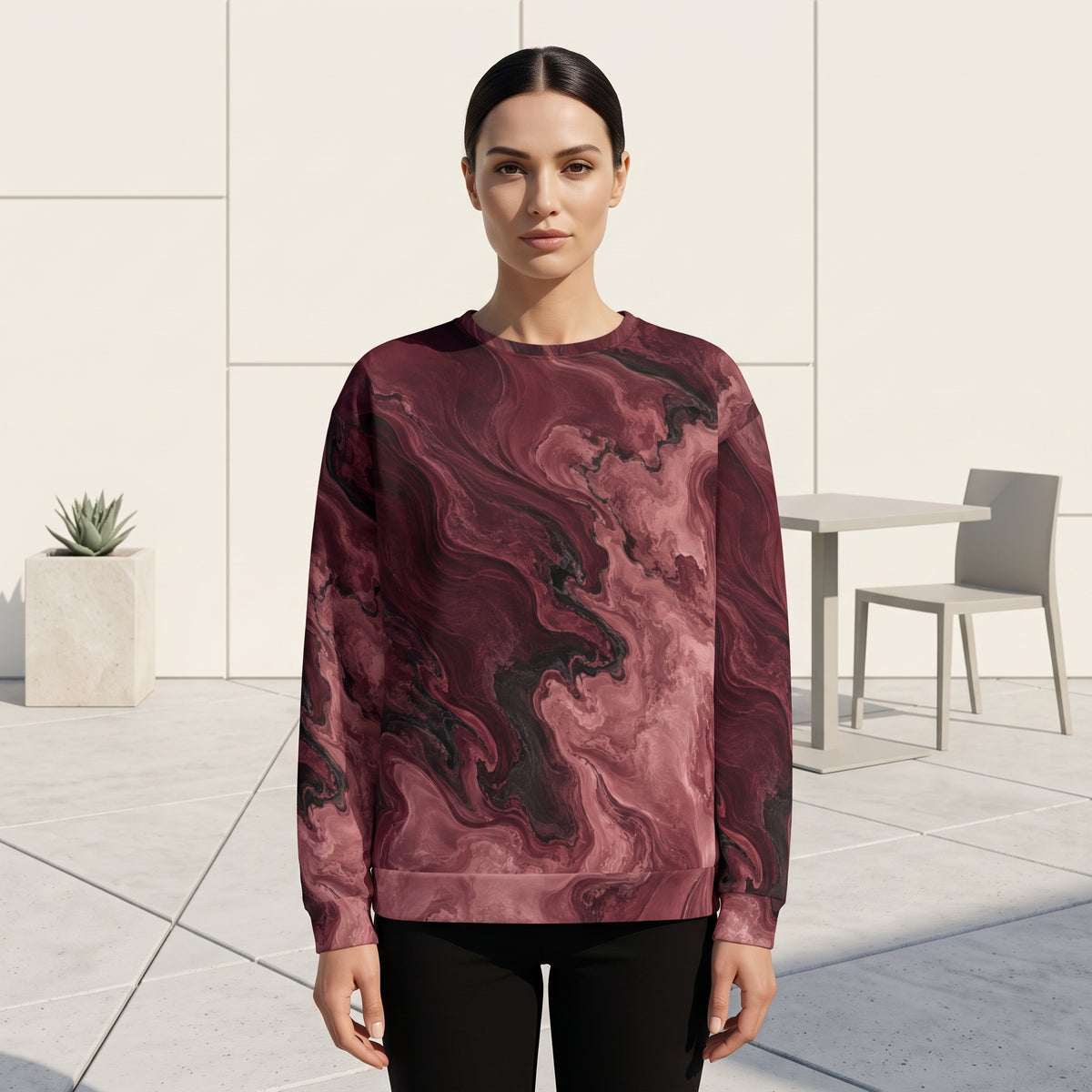 Woman wearing the Burgundy Eclipse all-over print sweatshirt