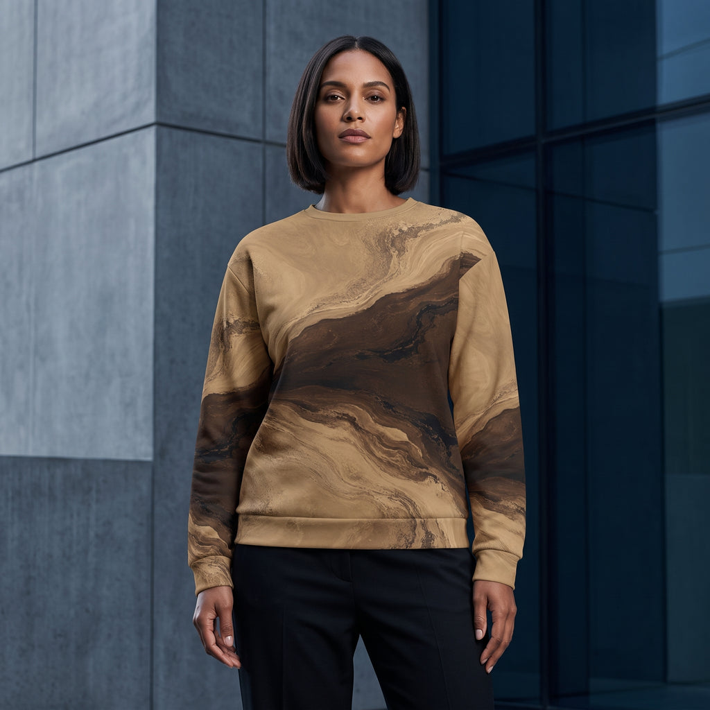 Woman wearing the Terra Strata all-over print sweatshirt