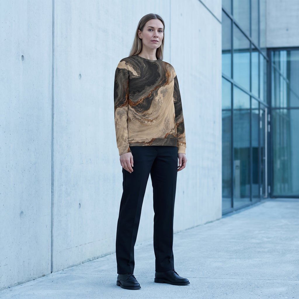 A woman stands outdoors in front of a concrete wall and glass building facade, wearing a long-sleeve crewneck sweatshirt with a brown and beige marble pattern, black pants, and black shoes.