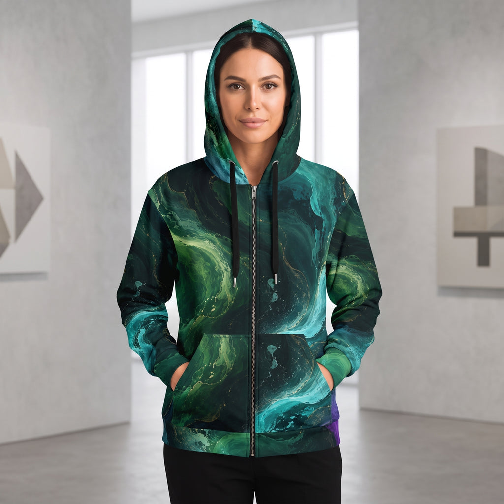 Woman wearing the Emerald Tides all-over print zip hoodie