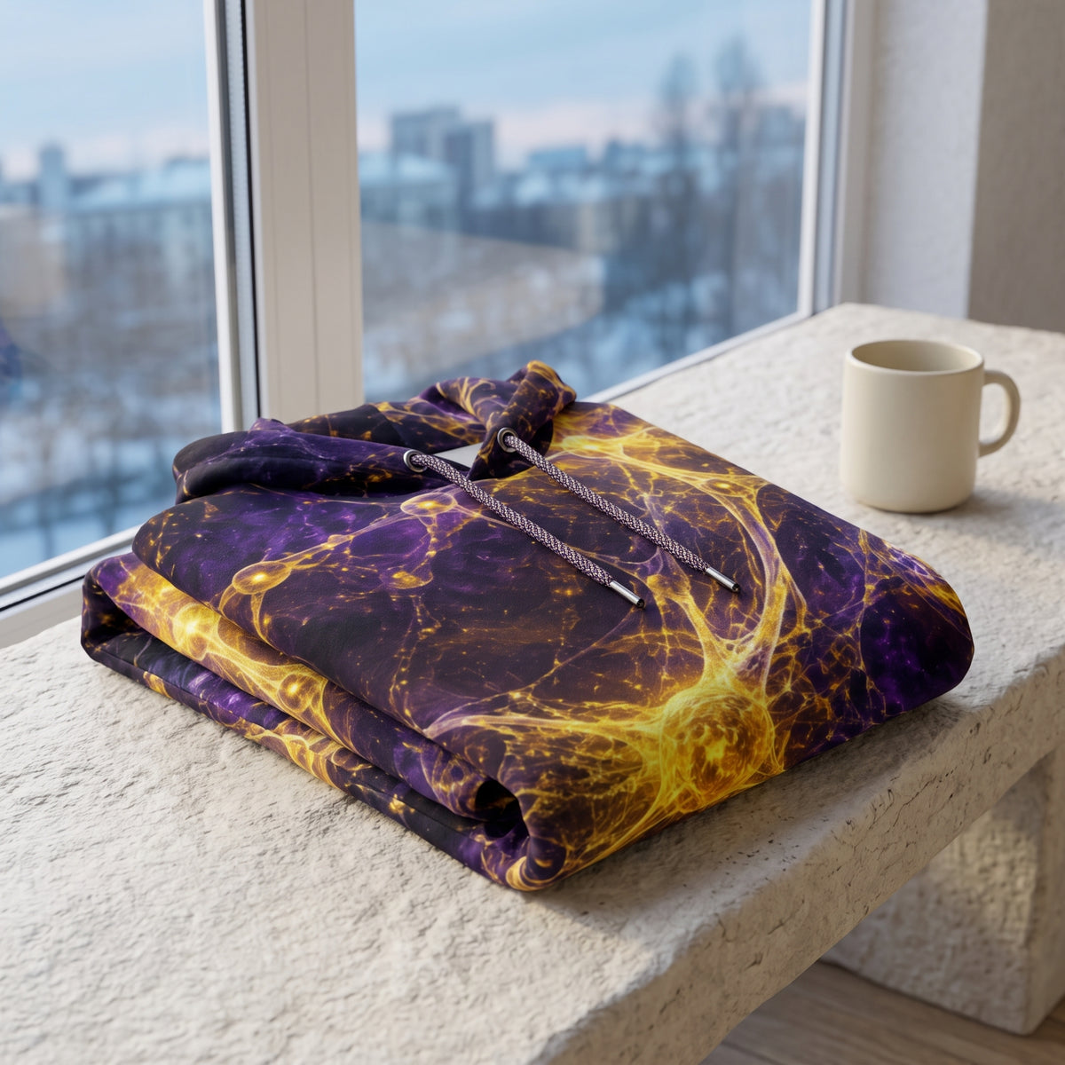 A folded hoodie with a purple and yellow cosmic nebula print sits on a stone bench next to a window and a white ceramic mug. The hoodie features a purple and black marbled base with glowing yellow and orange nebula patterns and matching purple drawstrings.