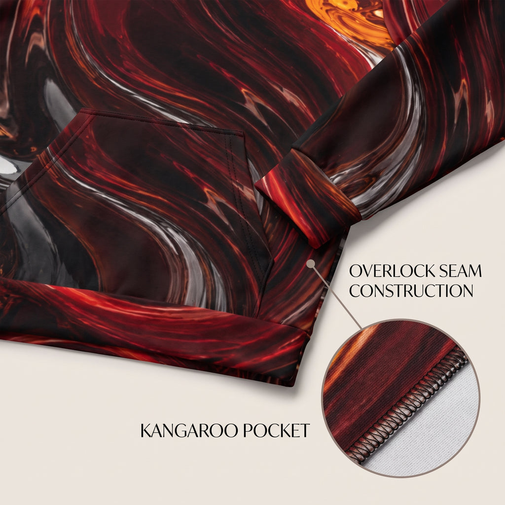 Close-up of a garment with a glossy marbled red, black, and brown pattern, showing a kangaroo pocket and an inset detail of overlock seam construction on a light beige background.