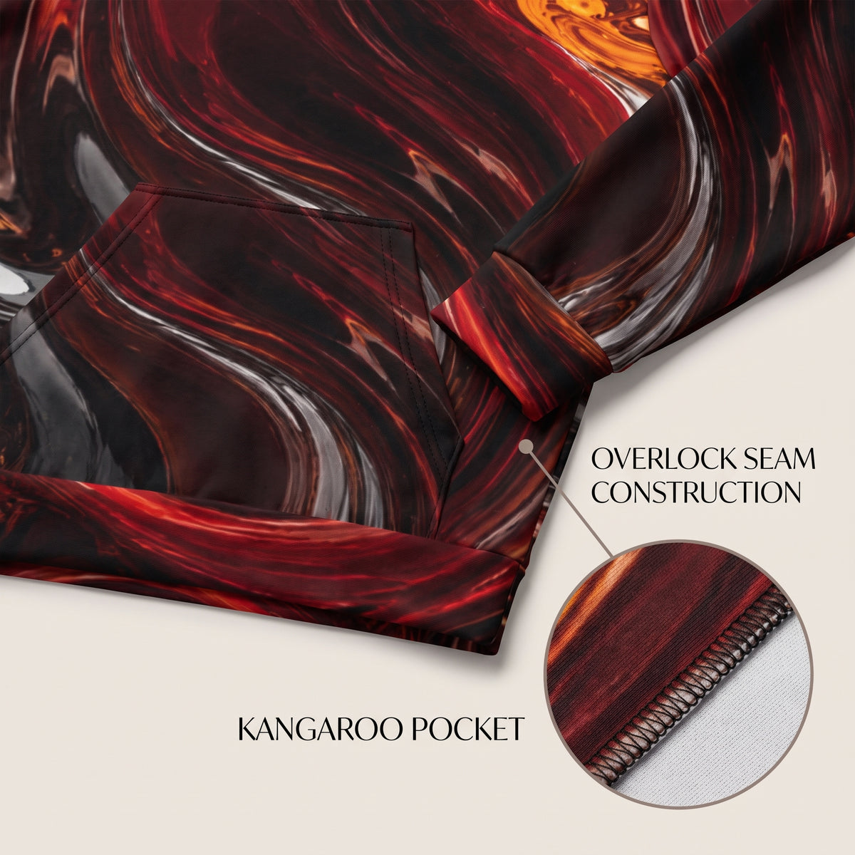 Close-up of a garment with a glossy marbled red, black, and brown pattern, showing a kangaroo pocket and an inset detail of overlock seam construction on a light beige background.
