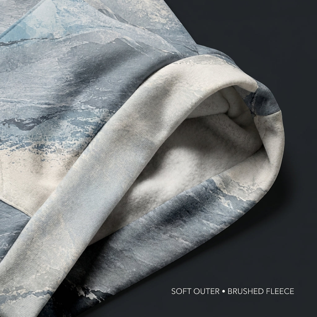 Close-up of the Glacial Current hoodie icy blue and grey print and fabric