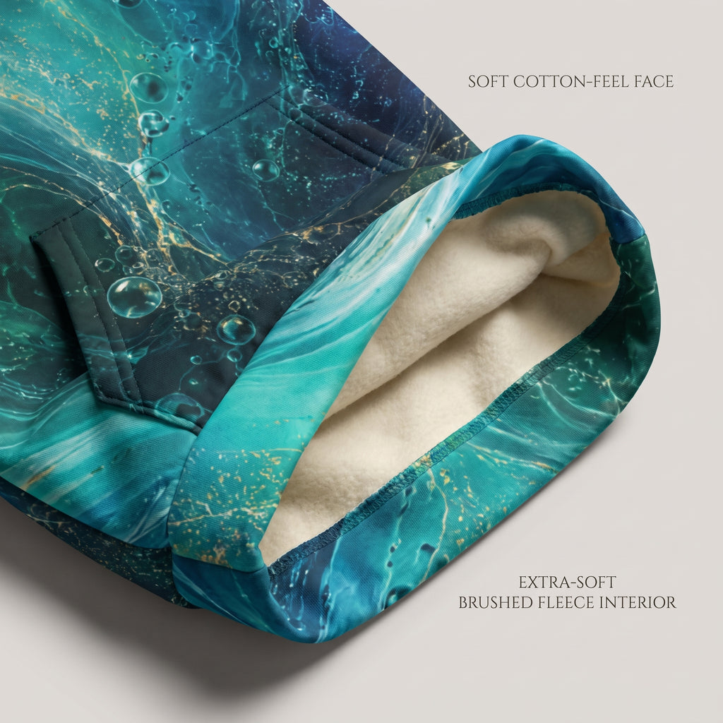 A folded garment or accessory with a teal and blue marbled print, shown with a soft cream fleece lining. Text on the image highlights a soft cotton-feel exterior and an extra-soft brushed fleece interior.
