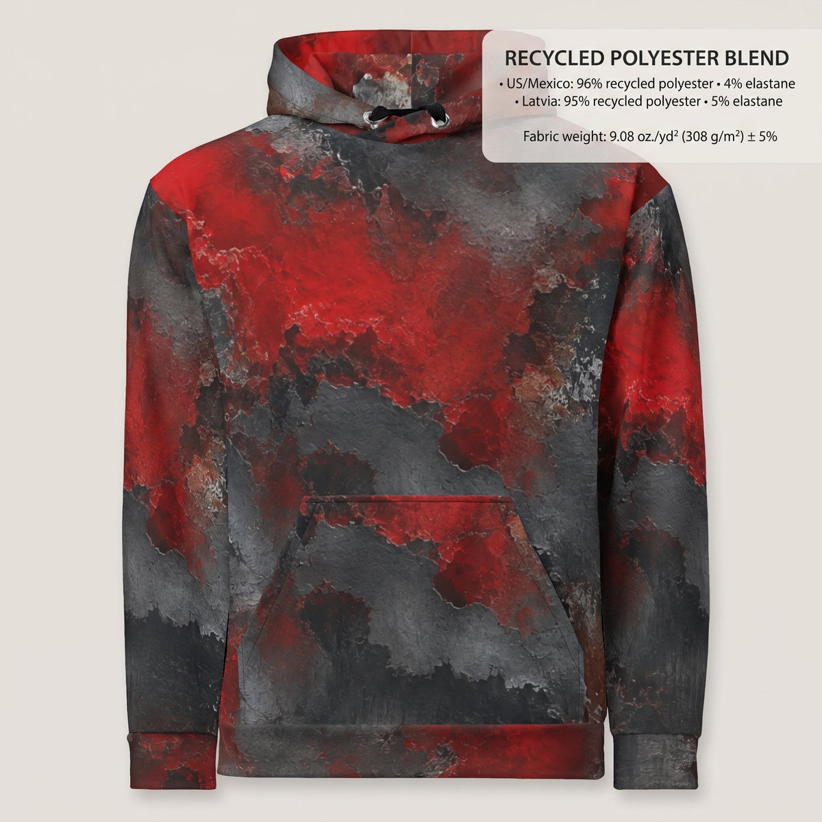 Red & Black Abstract unisex hoodie product information graphic