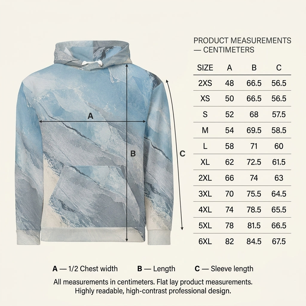 Glacial Current unisex hoodie size guide