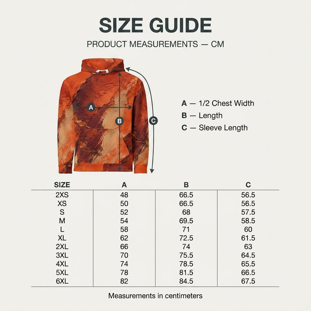 Ember Terrain unisex hoodie size guide