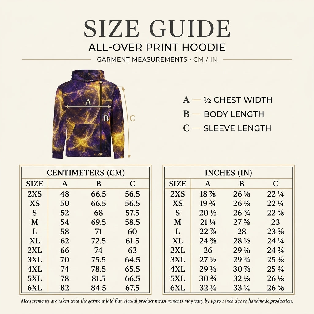 Size guide chart for an all-over print hoodie, showing garment measurements in centimeters and inches with a small hoodie illustration and measurement labels A, B, and C.