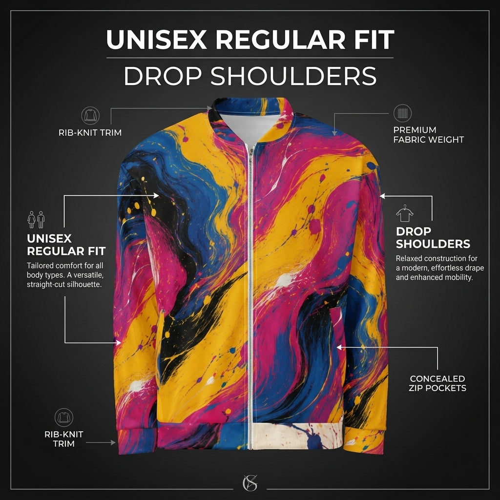 Chromatic Rush unisex bomber jacket product information graphic