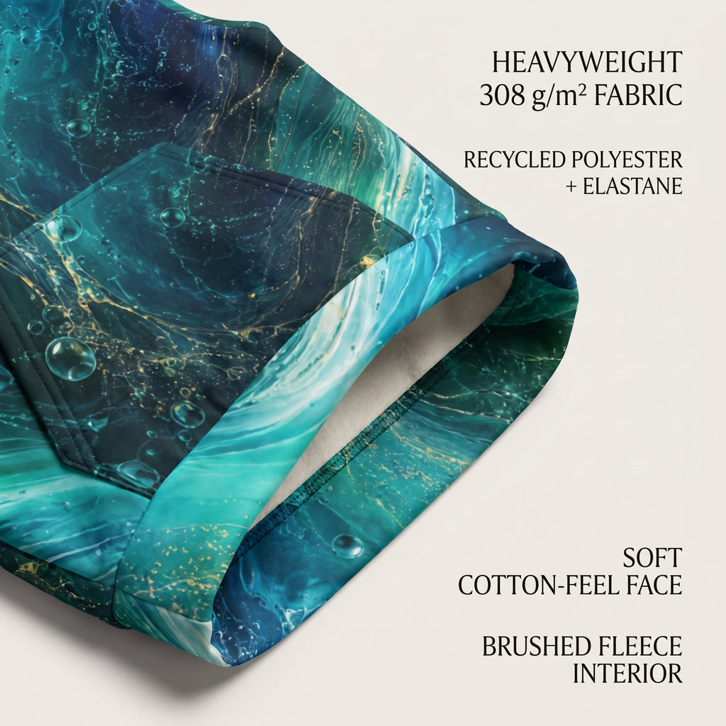 Folded fabric product with a teal, blue, and black marble pattern and small gold flecks, shown on a light beige background with text describing the material and interior.
