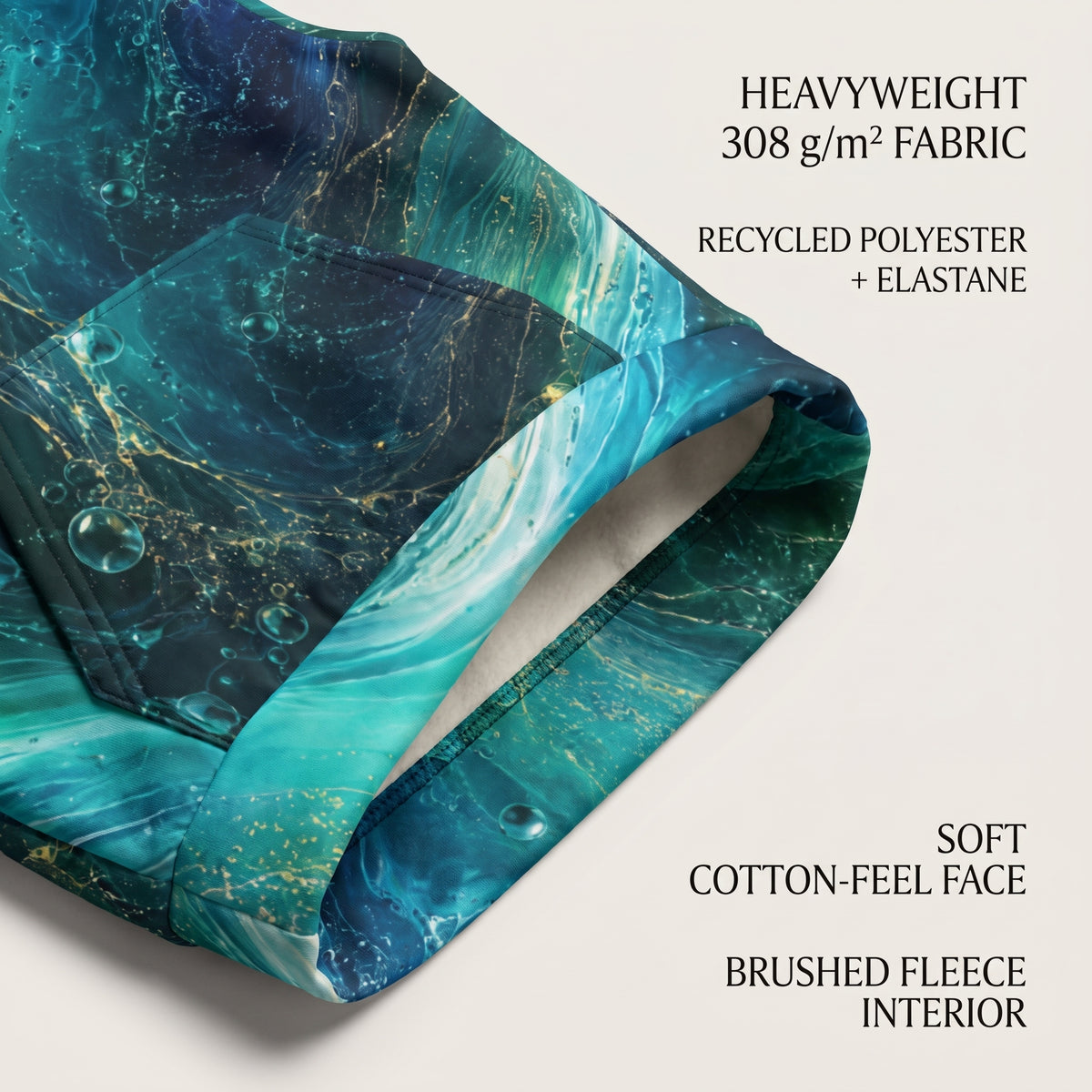 Folded fabric product with a teal, blue, and black marble pattern and small gold flecks, shown on a light beige background with text describing the material and interior.