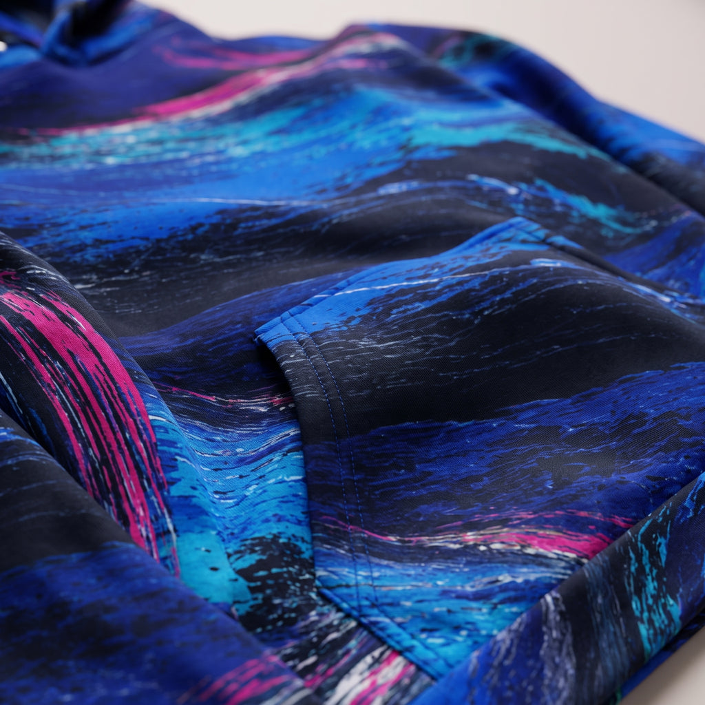 Close-up of the Cobalt Afterglow hoodie cobalt blue print and fabric