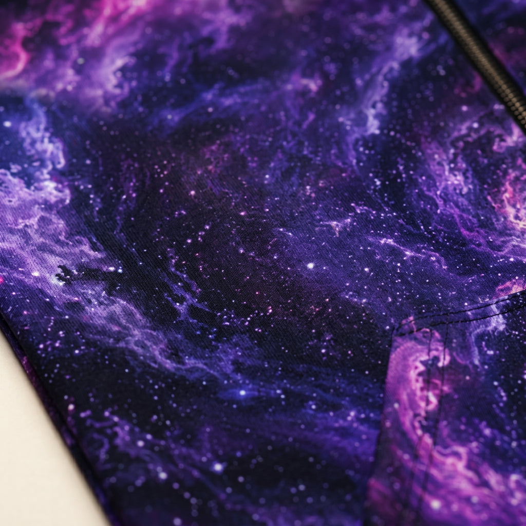 Close-up of the Cosmic Vortex zip hoodie violet and black print and fabric