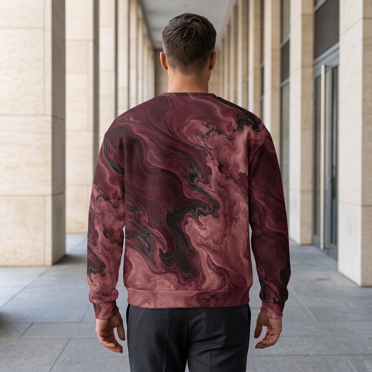 Man walking in the Burgundy Eclipse sweatshirt in the city – burgundy, rose and black marble print