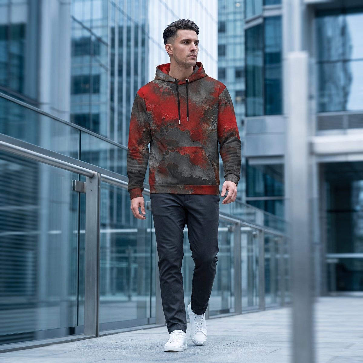 Man walking in the Red & Black Abstract all-over print hoodie