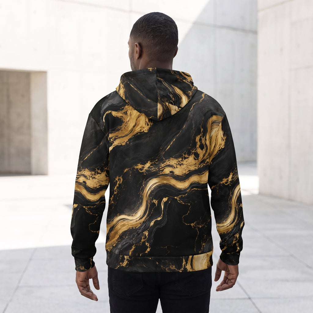 Man walking in the Golden Oro all-over print zip hoodie in an urban plaza