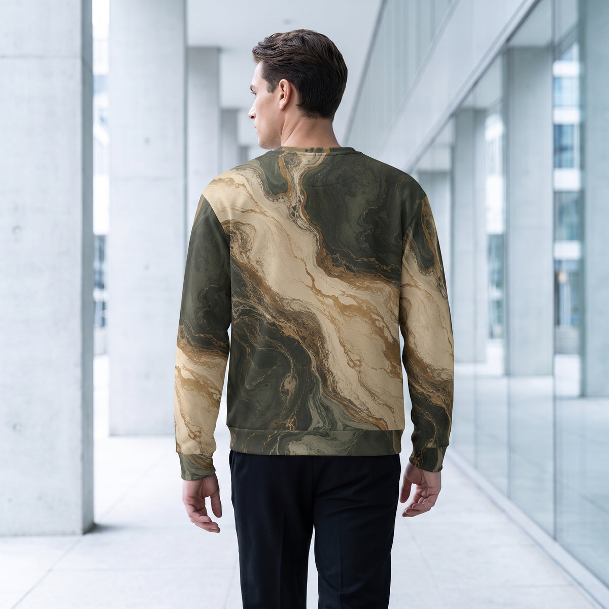 Man walking in the Verdant Strata sweatshirt, forest green print