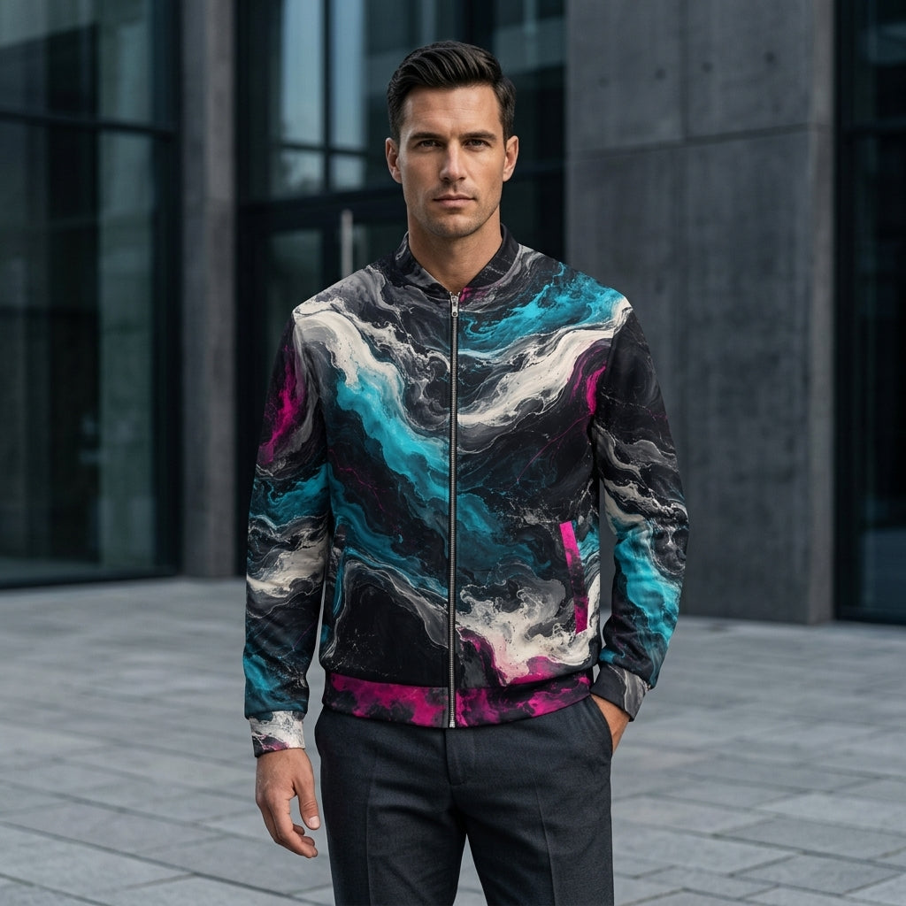 Man wearing the Geo Spectrum all-over print bomber jacket