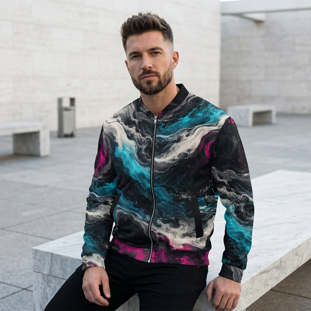 Man wearing the Geo Spectrum all-over print bomber jacket