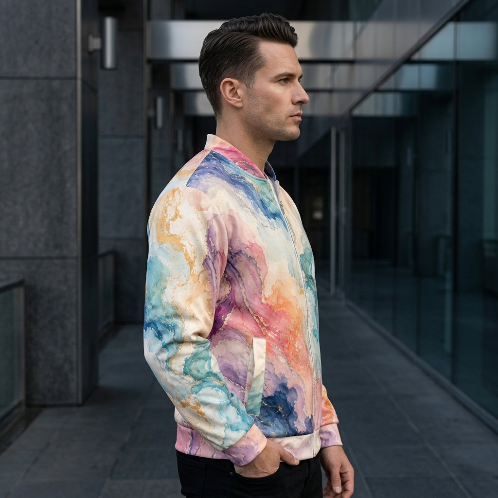 Man wearing the Ethereal Drift bomber jacket – ocean blue, blush pink and lavender watercolour print