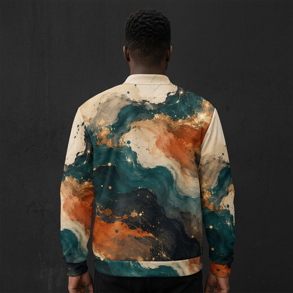 Man wearing the Ember Tide all-over print bomber jacket