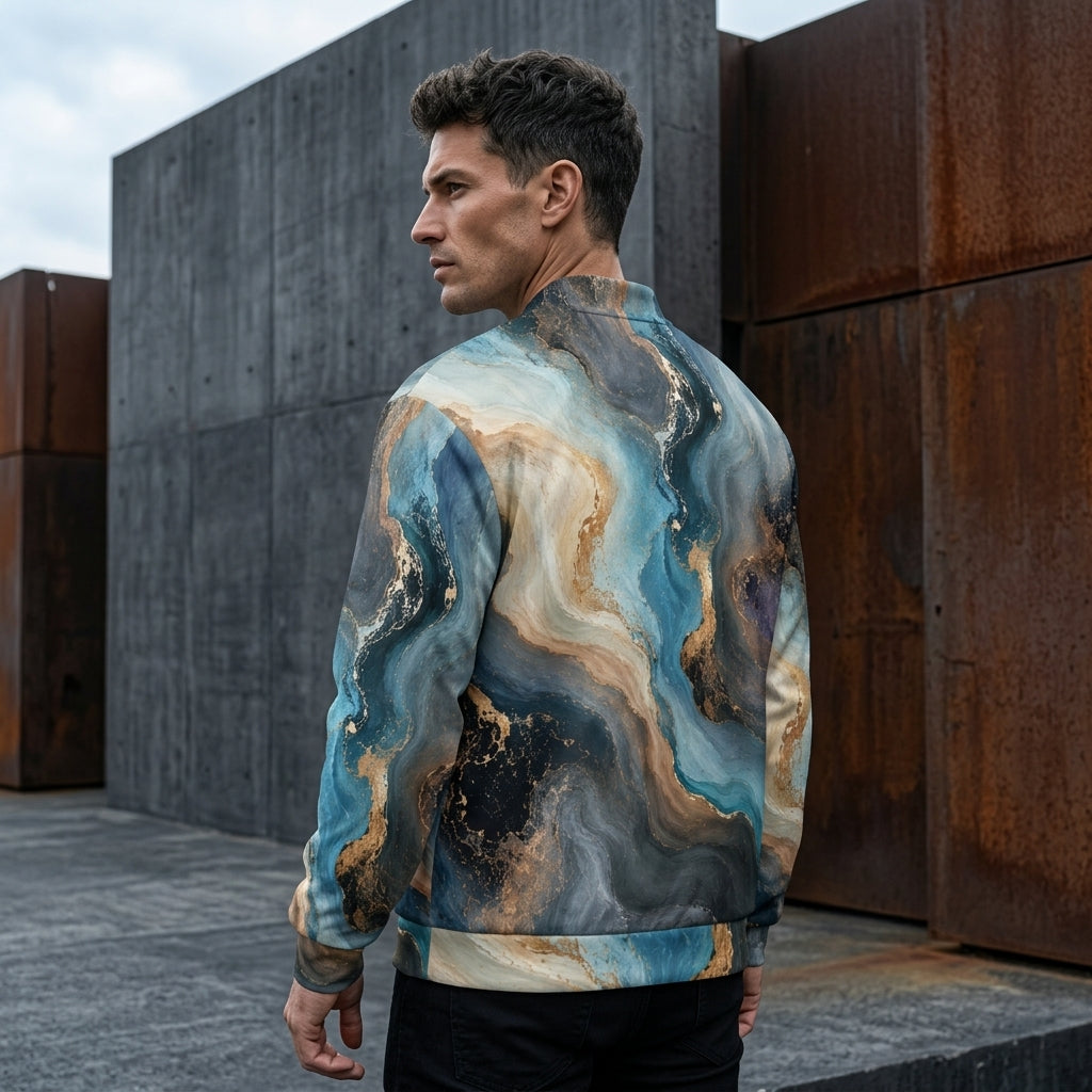 Man wearing the Oceanic Alchemy bomber jacket, navy and turquoise print