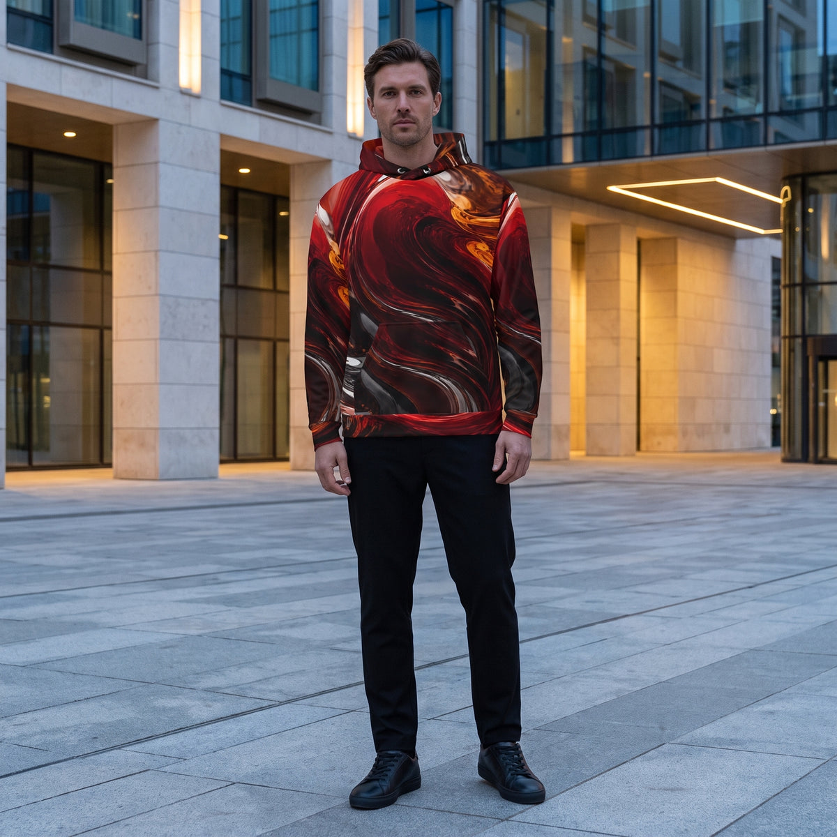 A man wearing a red and black abstract swirl-patterned hoodie, black pants, and black shoes stands on a paved outdoor plaza in front of a modern building.