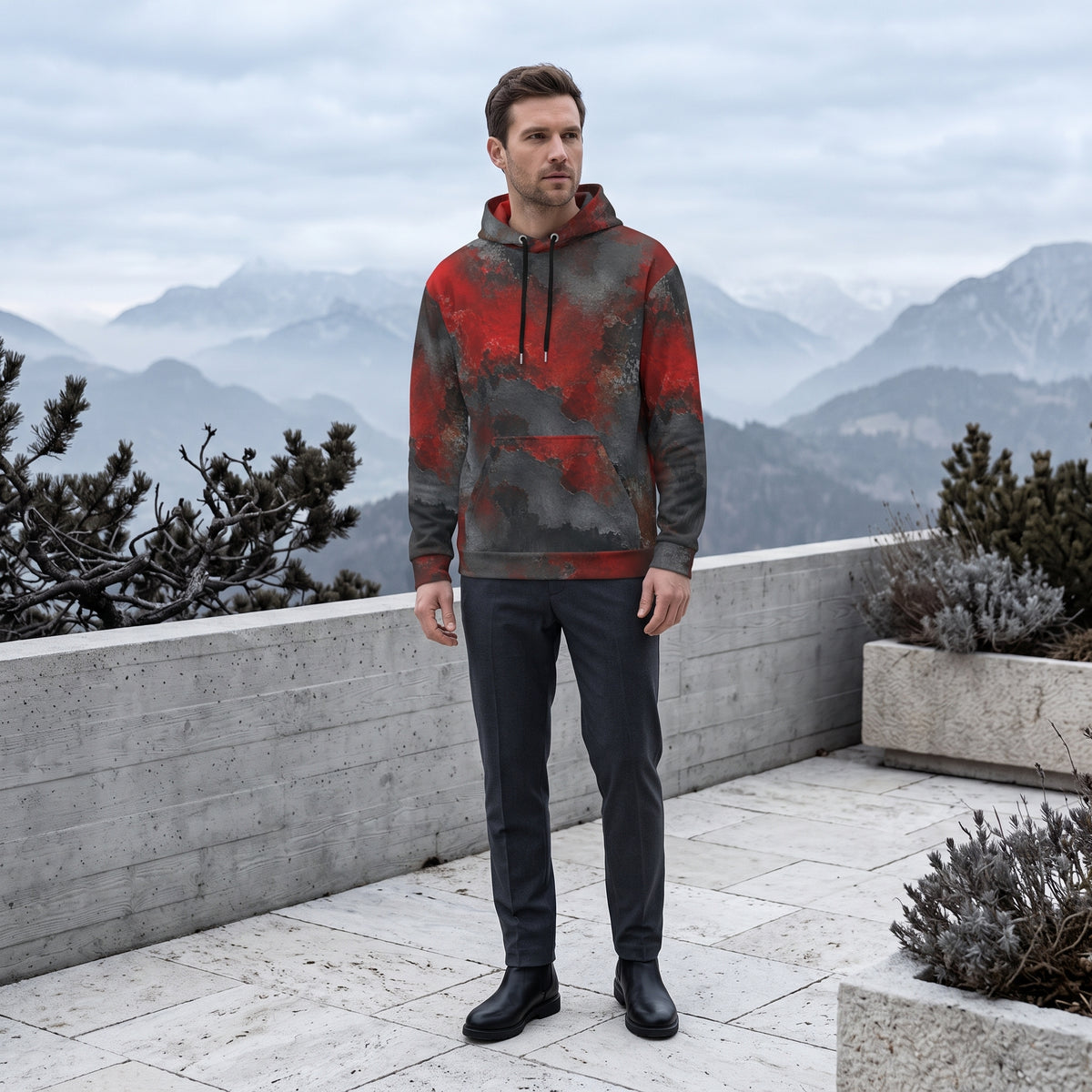 Man wearing the Red & Black Abstract all-over print hoodie